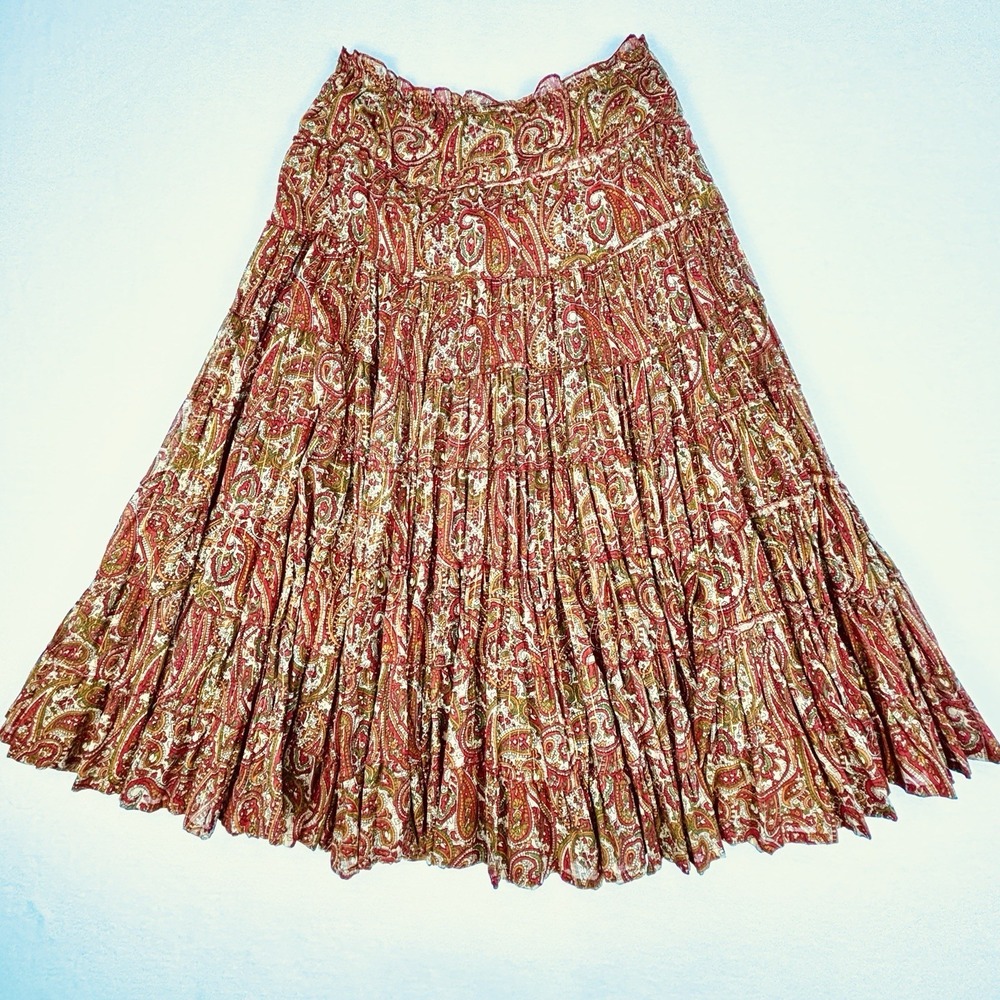 Vintage Indian Cotton Paisley Broomstick Maxi Skirt Size 8 Boho Lined